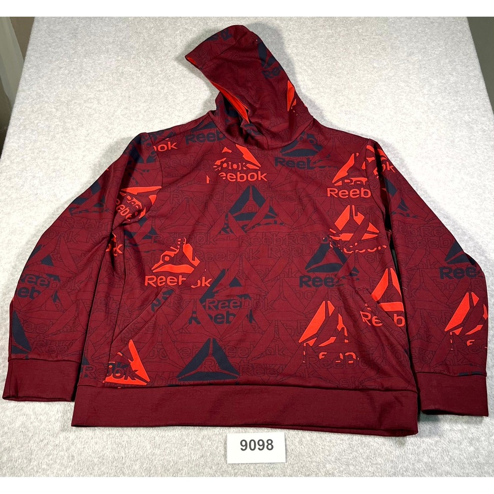 Reebok Hoodie Mens 2XL Red All Over Logo Print Cotton Stretch Hooded Pullover